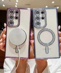 Alternative view of Samsung Galaxy S23/S24/S25 Ultra Magnetic Case with Glitter Diamond Camera Protector, Luxury Plating Bling Rhinestones Soft Bumper Clear Transparent Phone Case