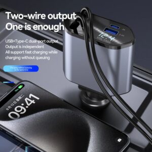 120W 4 IN 1 Retractable Car Charger USB C Cable  Fast Charge Cord Adapter PD QC3.0