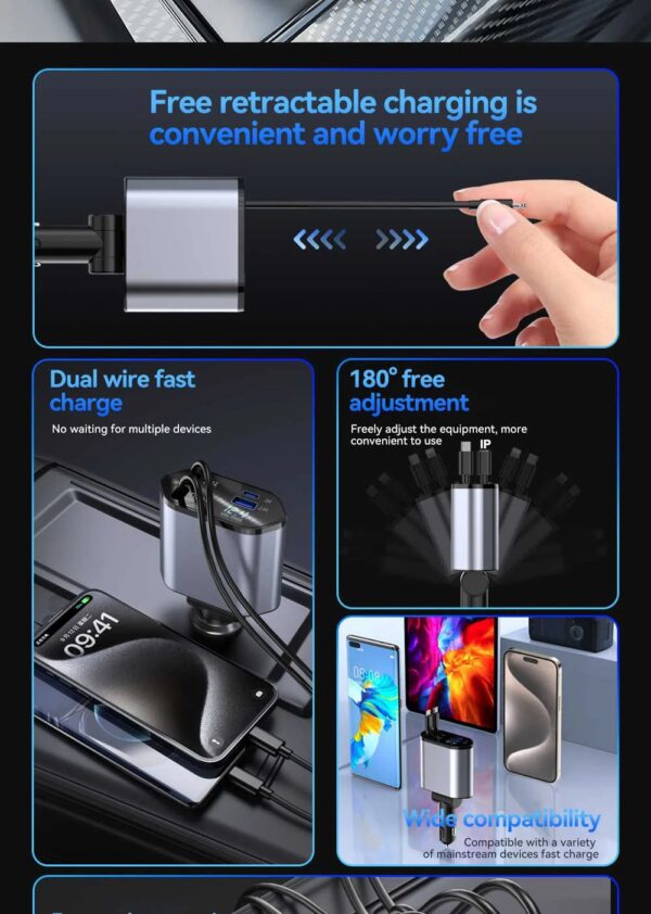 120W 4 IN 1 Retractable Car Charger USB C Cable  Fast Charge Cord Adapter PD QC3.0 - Image 15