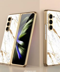 Alternative view of Samsung Galaxy Z Fold 5 Stylish Marble Gold Electroplated Frame with Patterned Glass, Built-in Screen Protector