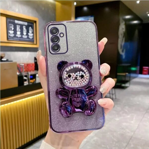 Luxury Premium Eletroplated Glitter Quicksand Cartoon Bear Case Cover and 3D Glass Protector for Samsung Galaxy A Series - Image 9