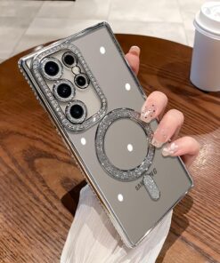 Samsung Galaxy S23/S24/S25 Ultra Magnetic Case with Glitter Diamond Camera Protector, Luxury Plating Bling Rhinestones Soft Bumper Clear Transparent Phone Case