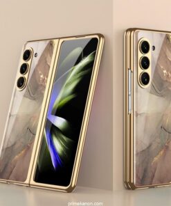 Samsung Galaxy Z Fold 5 Stylish Marble Gold Electroplated Frame with Patterned Glass, Built-in Screen Protector