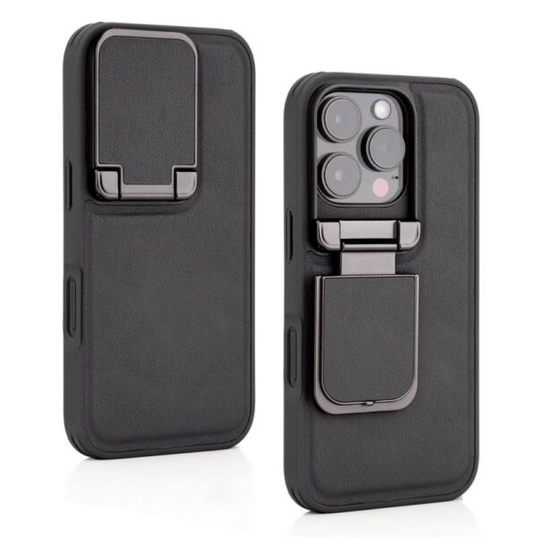 iPhone 16/15 Pro Max Series Genuine Leather Back Lens Protection Cover, Anti -Scratch and Protect Privacy Flip Aluminum Alloy Stand Slim Cover - Image 3