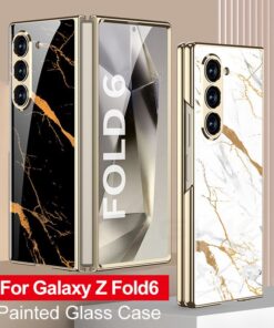 Alternative view of Samsung Galaxy Z Fold 5/6 Series Stylish Marble Gold Electroplated Frame with Patterned Glass, Built-in Screen Protector