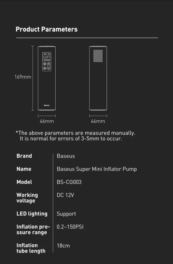 Baseus Mini Car Air Compressor 12V 150PSI Portable Car Tire Inflator Smart Digital Inflatable Pump - Image 11