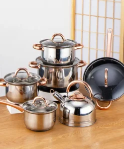 12 PCS Kitchenware Set Stainless Steel  Cooking Pots And Pans Pot Set With Glass Lid