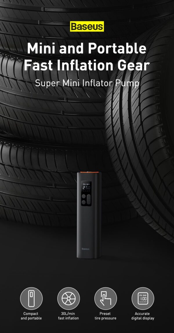 Baseus Mini Car Air Compressor 12V 150PSI Car Tire Inflator Smart Digital Inflatable Pump - Image 15