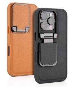 iPhone 16/15 Pro Max Series Genuine Leather Back Lens Protection Cover, Anti -Scratch and Protect Privacy Flip Aluminum Alloy Stand Slim Cover