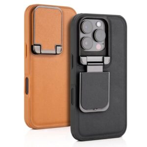 iPhone 16/15 Pro Max Series Genuine Leather Back Lens Protection Cover, Anti -Scratch and Protect Privacy Flip Aluminum Alloy Stand Slim Cover