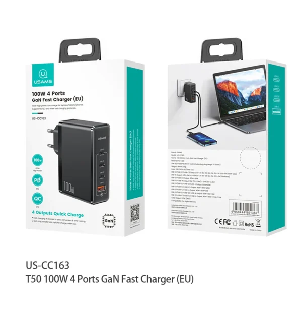 USAMS 100W 4 USB Port Fast Charging GaN Charger for iPhone, Android and Type-c Laptops - Image 18