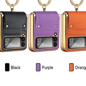Luxury Premium Matte Plain Leather Glitter Metal Ring Folding Shockproof Case Cover For Samsung Galaxy Z Flip 3/Z Flip 4