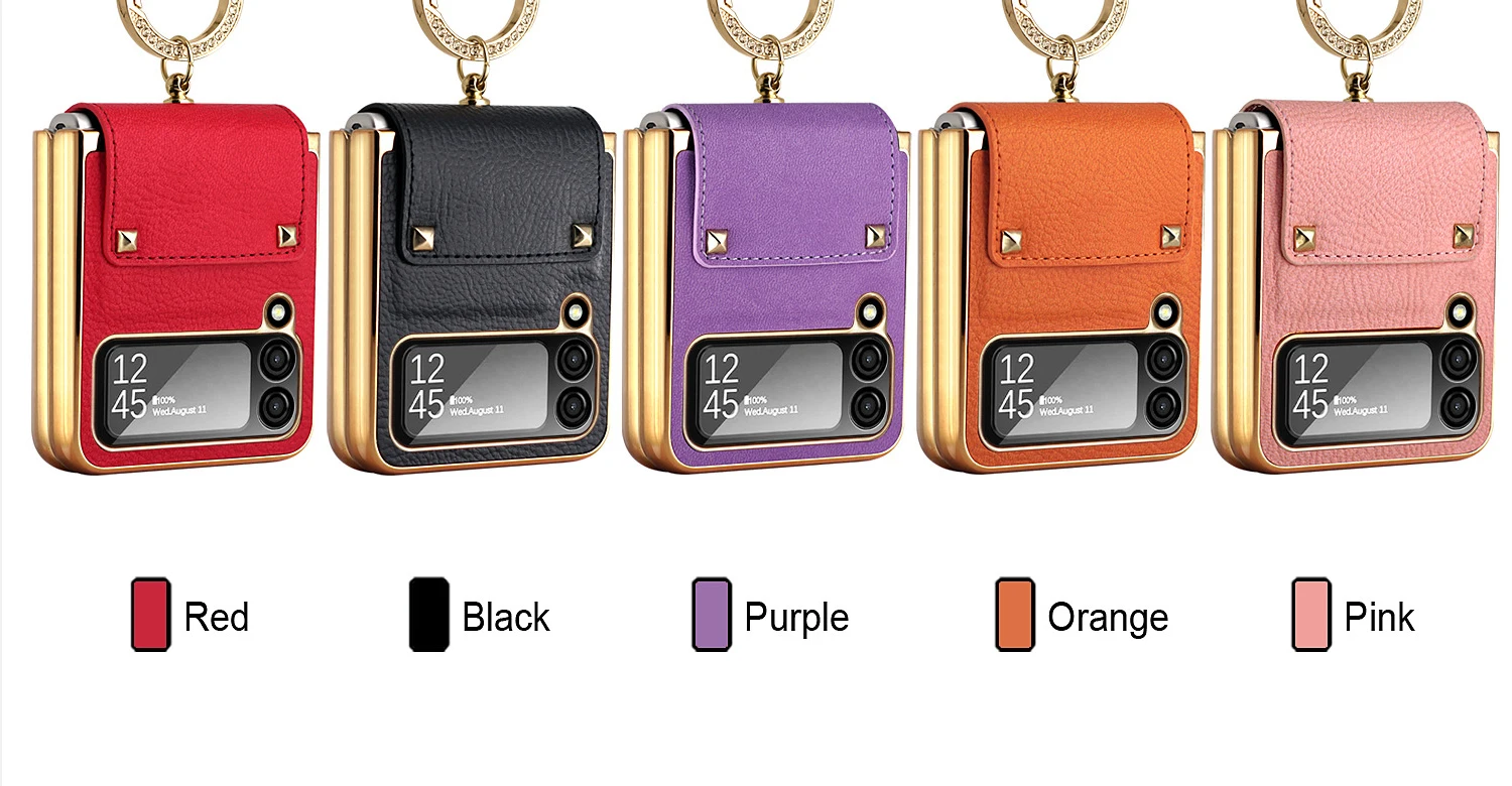 Luxury Premium Matte Plain Leather Glitter Metal Ring Folding Shockproof Case Cover For Samsung Galaxy Z Flip 3/Z Flip 4