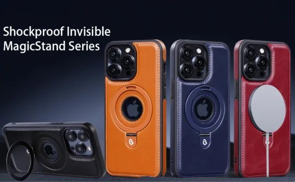 Luxury Premium Faux Leather Invisible Ring Stand Magnetic Phone Case for iPhone Series - Image 15