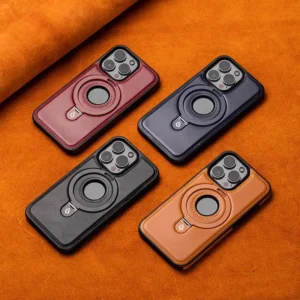 Luxury Premium Faux Leather Invisible Ring Stand Magnetic Phone Case for iPhone Series