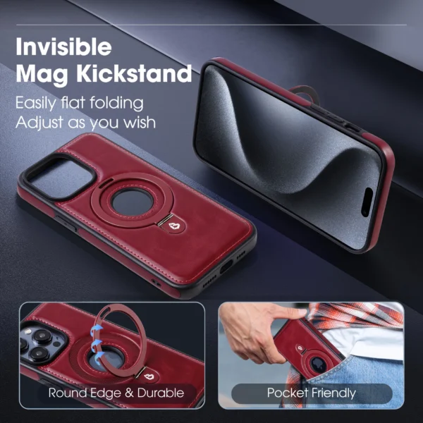 Luxury Premium Faux Leather Invisible Ring Stand Magnetic Phone Case for iPhone Series - Image 11