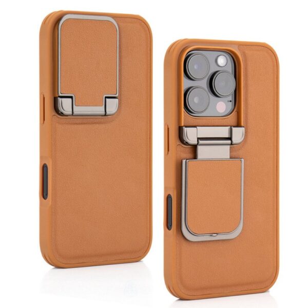 iPhone 16/15 Pro Max Series Genuine Leather Back Lens Protection Cover, Anti -Scratch and Protect Privacy Flip Aluminum Alloy Stand Slim Cover - Image 2