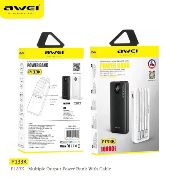 Awei P133K Power Bank 10000mAh with Multiple Charging Cable Outputs Portable Power Bank - Image 6