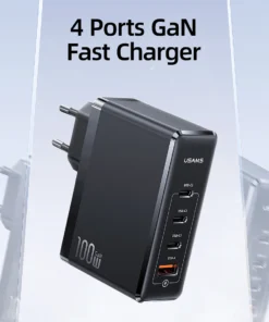USAMS 100W 4 USB Port Fast Charging GaN Charger for iPhone, Android and Type-c Laptops