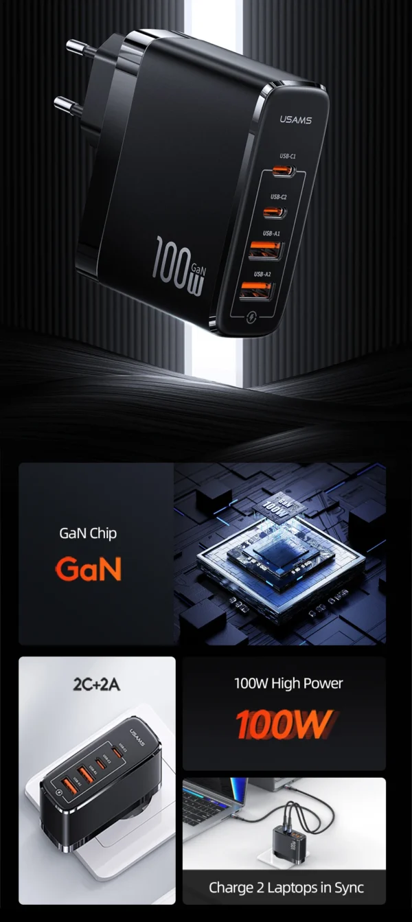 USAMS 100W 4 USB Port Fast Charging GaN Charger for iPhone, Android and Type-c Laptops - Image 8