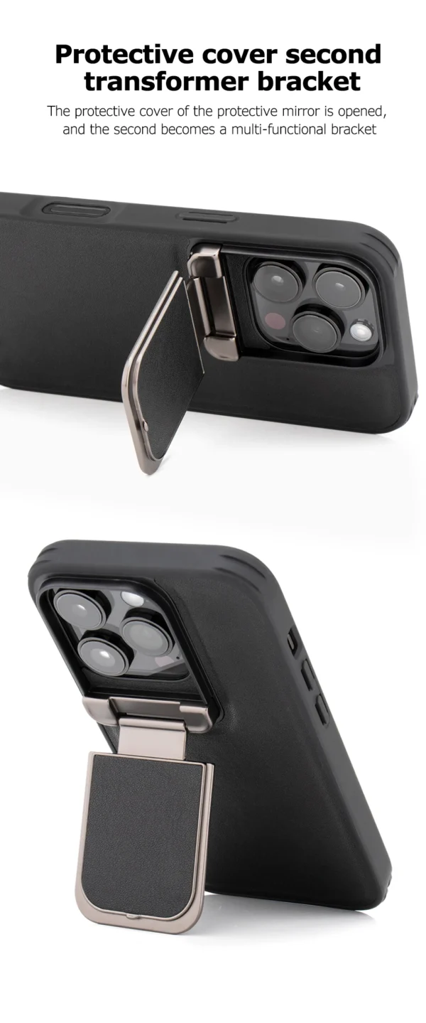 iPhone 16/15 Pro Max Series Genuine Leather Back Lens Protection Cover, Anti -Scratch and Protect Privacy Flip Aluminum Alloy Stand Slim Cover - Image 6