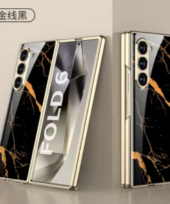 Samsung Galaxy Z Fold 5/6 Series Stylish Marble Gold Electroplated Frame with Patterned Glass, Built-in Screen Protector