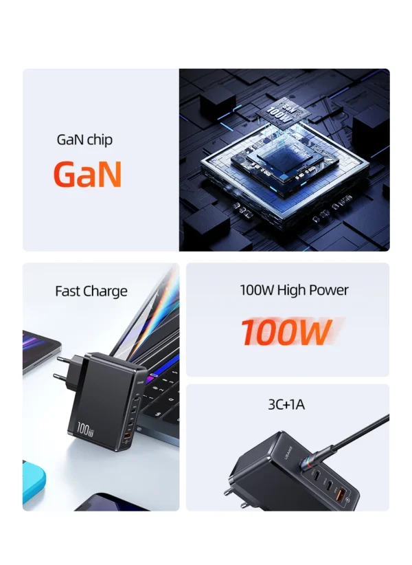 USAMS 100W 4 USB Port Fast Charging GaN Charger for iPhone, Android and Type-c Laptops - Image 12