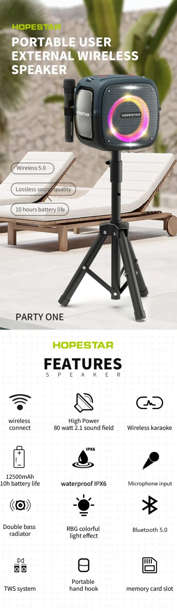 HOPESTAR Portable Wireless Bluetooth Speaker 80W High Power Dual Microphone Outdoor Home Karaoke - Image 18