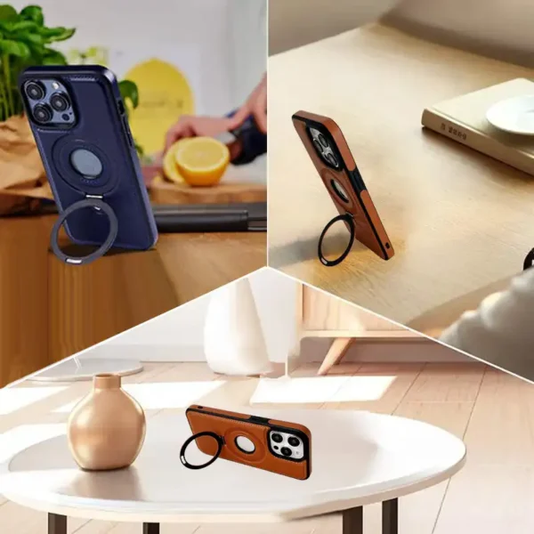 Luxury Premium Faux Leather Invisible Ring Stand Magnetic Phone Case for iPhone Series - Image 3