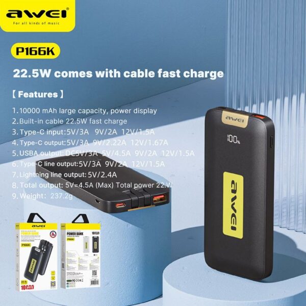 AWEI P166K 10000mAh Powerbank / 22.5W 5A PD + QC Super Fast Charging - Image 9