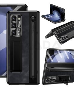 Samsung Galaxy Z Fold Series  Retro Leather Case with S Pen Holder, Slim Stylus, Hinge Protection Kickstand and Screen Protector