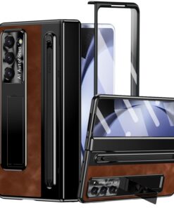 Alternative view of Samsung Galaxy Z Fold Series  Retro Leather Case with S Pen Holder, Slim Stylus, Hinge Protection Kickstand and Screen Protector