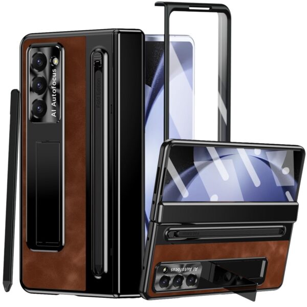 Samsung Galaxy Z Fold Series  Retro Leather Case with S Pen Holder, Slim Stylus, Hinge Protection Kickstand and Screen Protector - Image 24