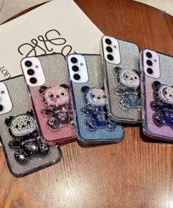 Luxury Premium Eletroplated Glitter Quicksand Cartoon Bear Case Cover and 3D Glass Protector for Samsung Galaxy A Series