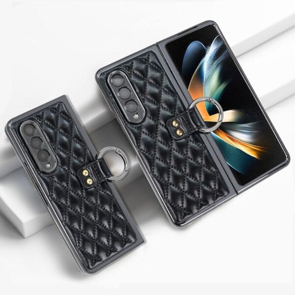 Samsung Galaxy Z Fold 3 4 5 6 Series, Luxury Plating Edge Case with Hanging Ring Anti-Scratch Screen Protection Leather Cover - Image 5