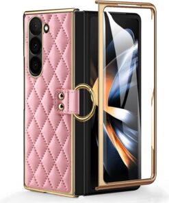 Alternative view of Samsung Galaxy Z Fold 3 4 5 6 Series, Luxury Plating Edge Case with Hanging Ring Anti-Scratch Screen Protection Leather Cover