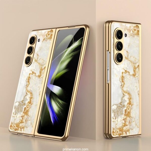 Samsung Galaxy Z Fold 5/6 Series Stylish Marble Gold Electroplated Frame with Patterned Glass, Built-in Screen Protector - Image 10