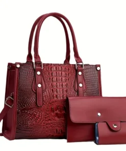 Trendy 3 in 1 Crocodile Pattern Tote Bag Set, Large Capacity Shoulder Bag & Coin Purse & Card Holder