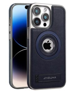 JDK Logo Cutout Luxury Plating Bumper Leather Folding Kickstand Phone Case For iPhone 16 15 14 Pro Max Series