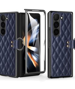 Samsung Galaxy Z Fold 3 4 5 6 Series, Luxury Plating Edge Case with Hanging Ring Anti-Scratch Screen Protection Leather Cover