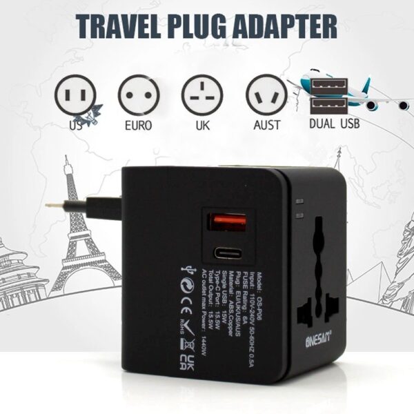 Premium ONESAM Universal Travel Adaptors Fast Charging USB-C + USB Port Output Type-C - Image 13