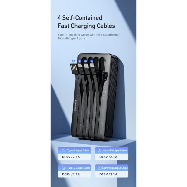 Awei P133K Power Bank 10000mAh with Multiple Charging Cable Outputs Portable Power Bank - Image 21