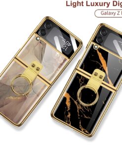 Alternative view of Samsung Galaxy Flip 3/4 Marble Patterned Ring Electroplating Color Painting Case with Tempered Glass Protection