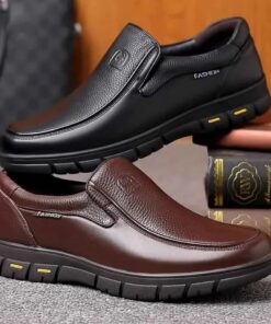 Premium Grain Leather Men’s Casual Loafers – Flat Platform Walking Shoes