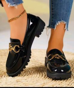 Classic Chain Brogues – Women’s Patent Leather Chunky Loafers for Urban & Street Style