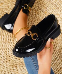 Classic Chain Brogues – Women’s Patent Leather Chunky Loafers for Urban & Street Style - Glossy Black