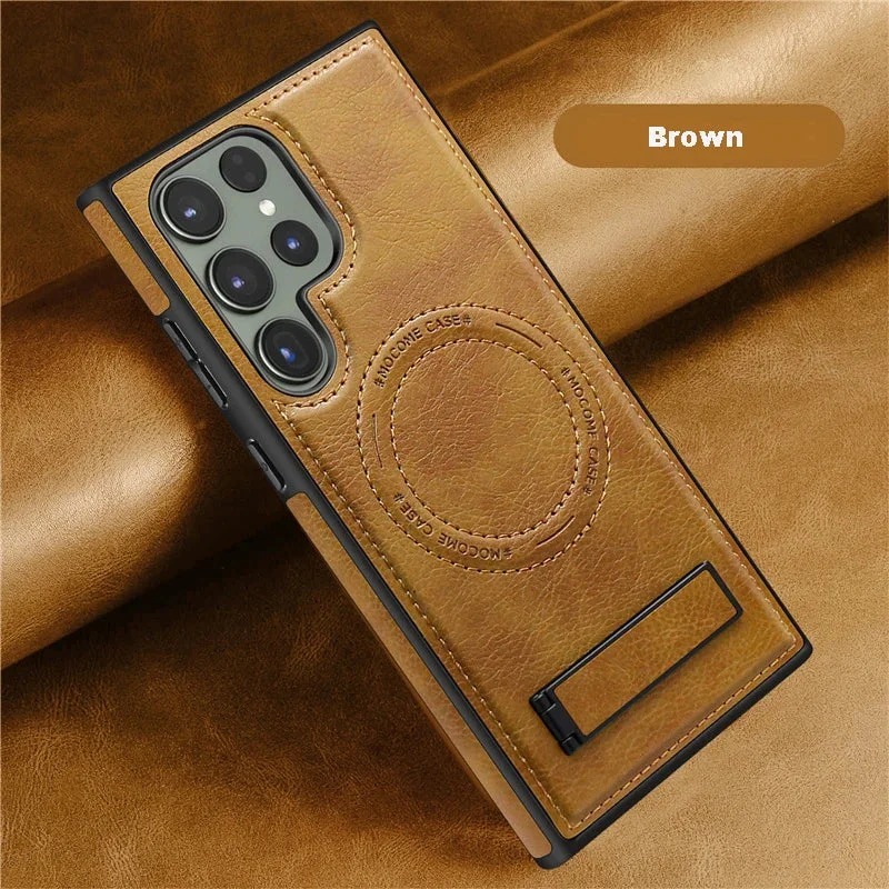 Luxury Retro Leather Back Cover With Invisible Stand Magnetic Wireless Charging Case For Samsung Galaxy S23 Ultra, S24 Ultra & S25 Ultra - Image 13