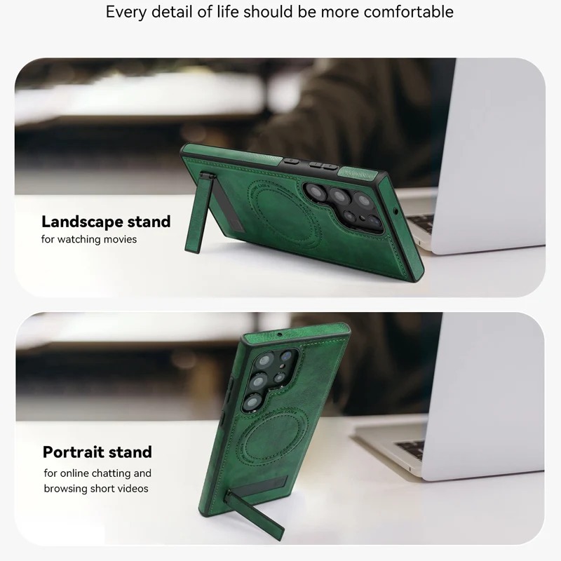 Luxury Retro Leather Back Cover With Invisible Stand Magnetic Wireless Charging Case For Samsung Galaxy S23 Ultra, S24 Ultra & S25 Ultra - Image 18