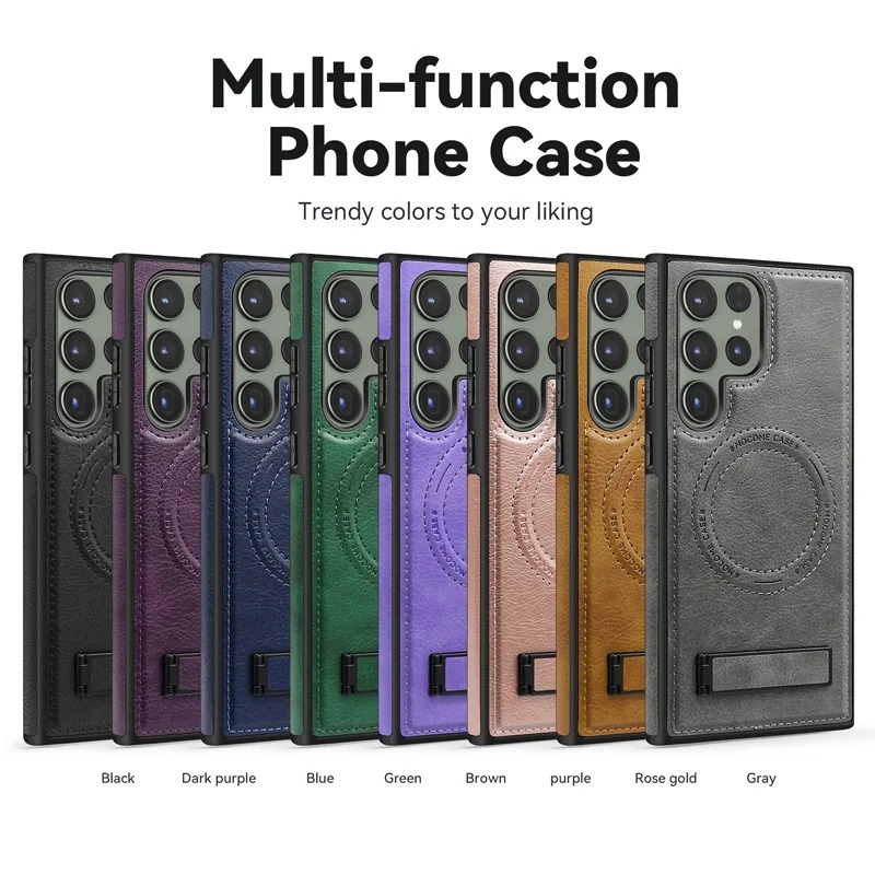 Luxury Retro Leather Back Cover With Invisible Stand Magnetic Wireless Charging Case For Samsung Galaxy S23 Ultra, S24 Ultra & S25 Ultra