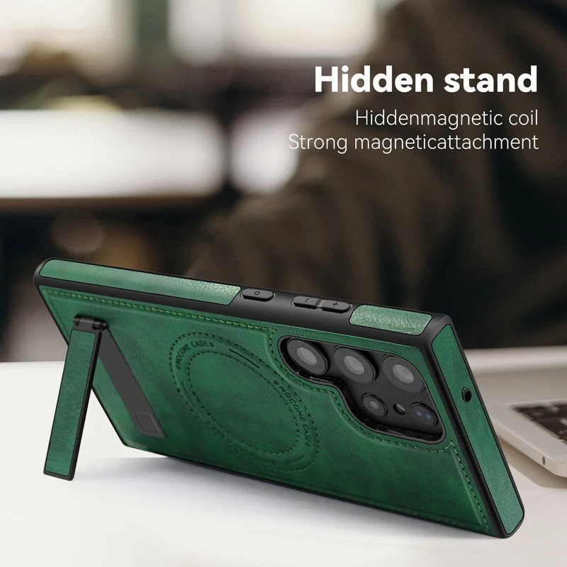 Luxury Retro Leather Back Cover With Invisible Stand Magnetic Wireless Charging Case For Samsung Galaxy S23 Ultra, S24 Ultra & S25 Ultra - Image 10